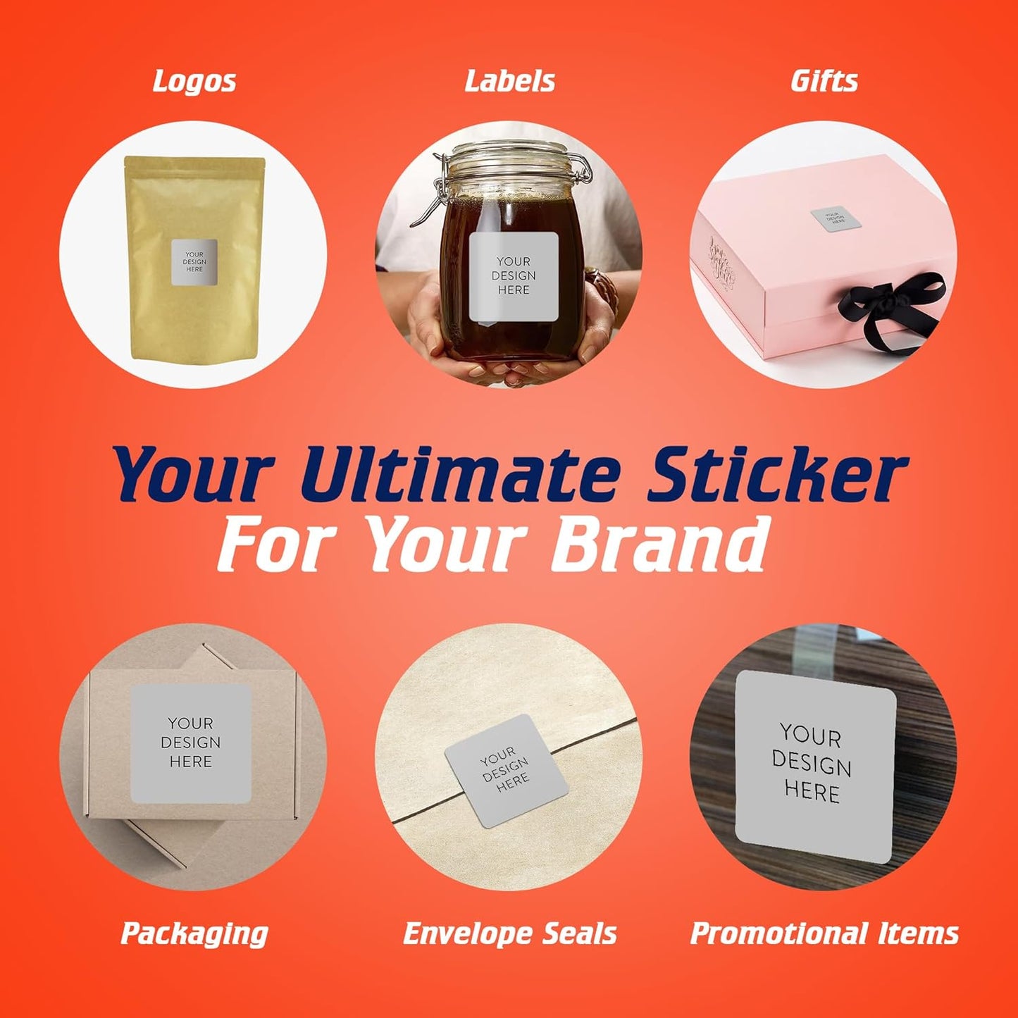100 Custom Vinyl Stickers - Upload Your own Image, Text, Design, Logo - Personalized Logo Labels for Handmade, Packaging, Bottle, Jars, Candle, Brand Stickers (Gray, 2x2 Square)