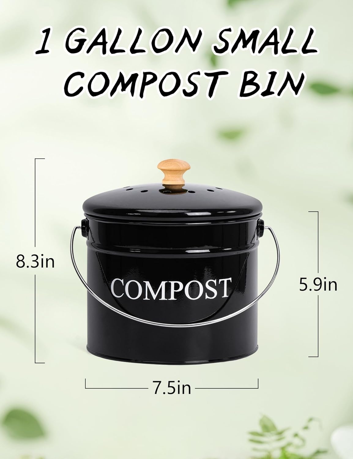 Compost Bin - 1 Gallon Countertop Composter with Lid and Charcoal Filters, Rust Proof Indoor Bucket for Kitchen Food Waste