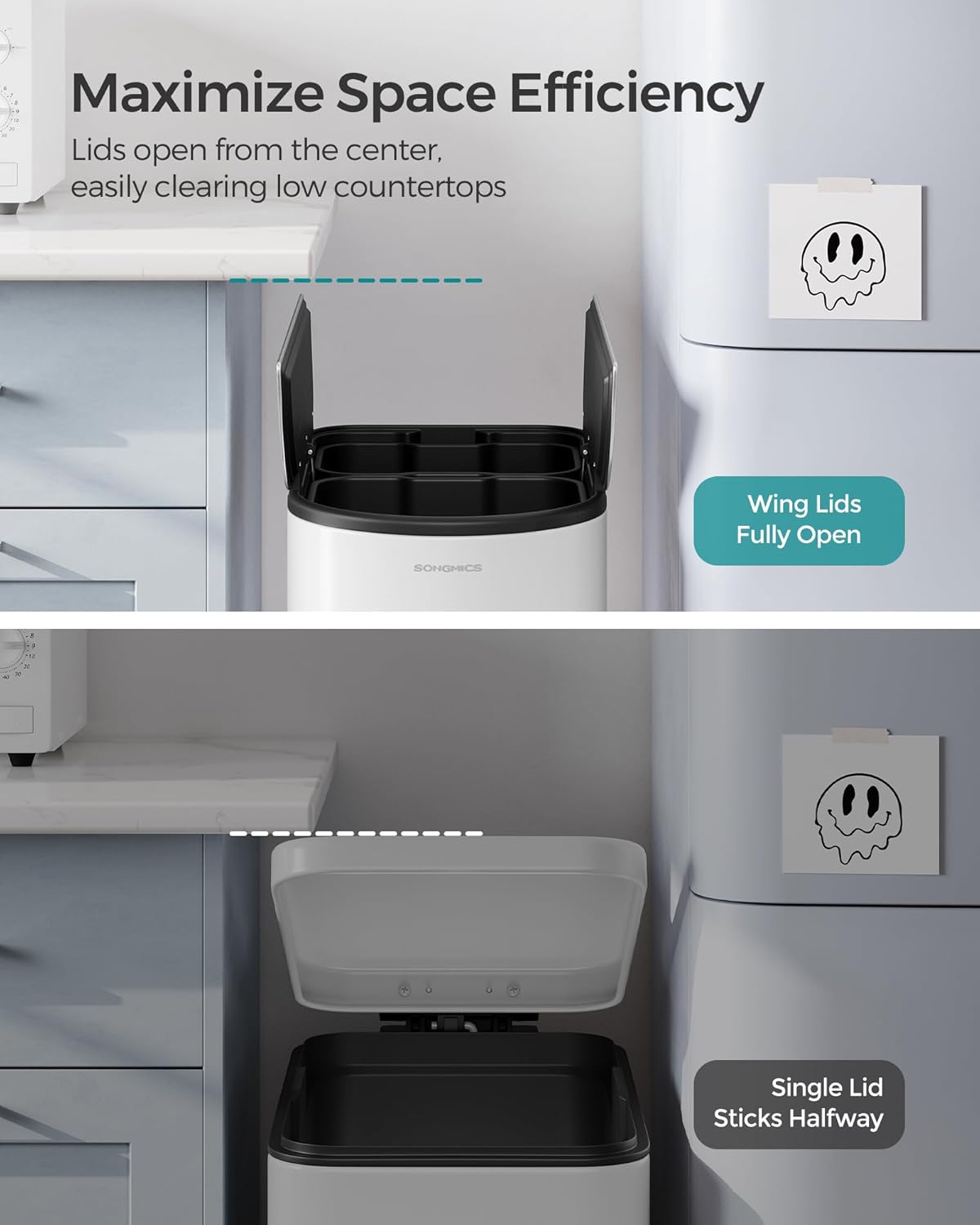 SONGMICS 13-Gallon Dual Kitchen Trash Can, 5.3 and 8 Gallon Compartments, Garbage Can with Wing Lids, Stainless Steel, Soft Close, Inner Buckets, Cloud White and Metallic Silver ULTB570W50