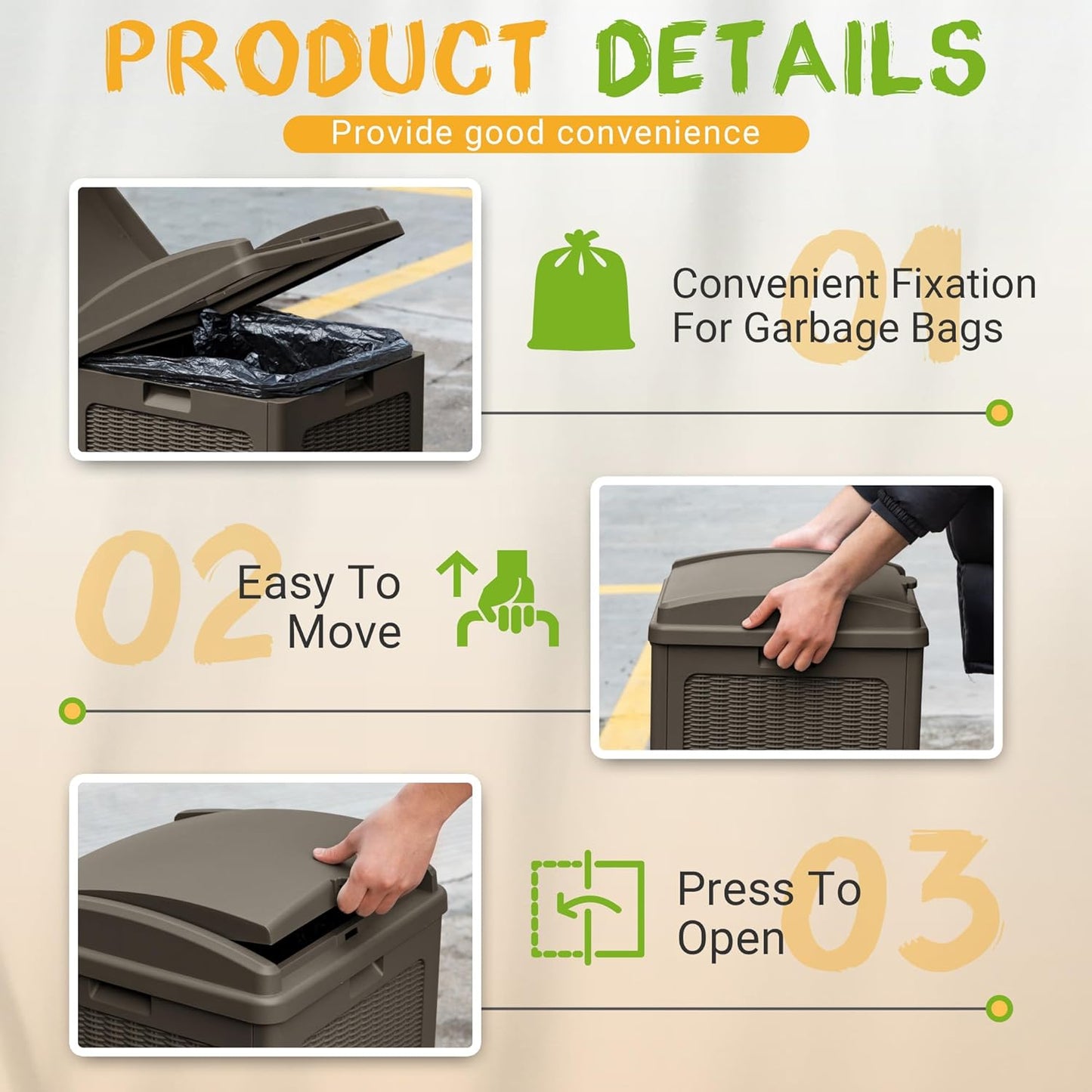 YESHOMY 33 Gallon Resin Outdoor Trash Can with Lid, Hideaway Waterproof Patio Garbage Bin, Brown