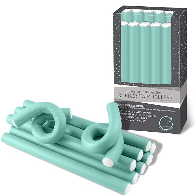 My Beauty Spot Flexi Rods Foam Hair Rollers 1" Diameter Professional Salon Quality 10 Pcs Rubber Hair Rollers for Medium to Long Hair (Blue)