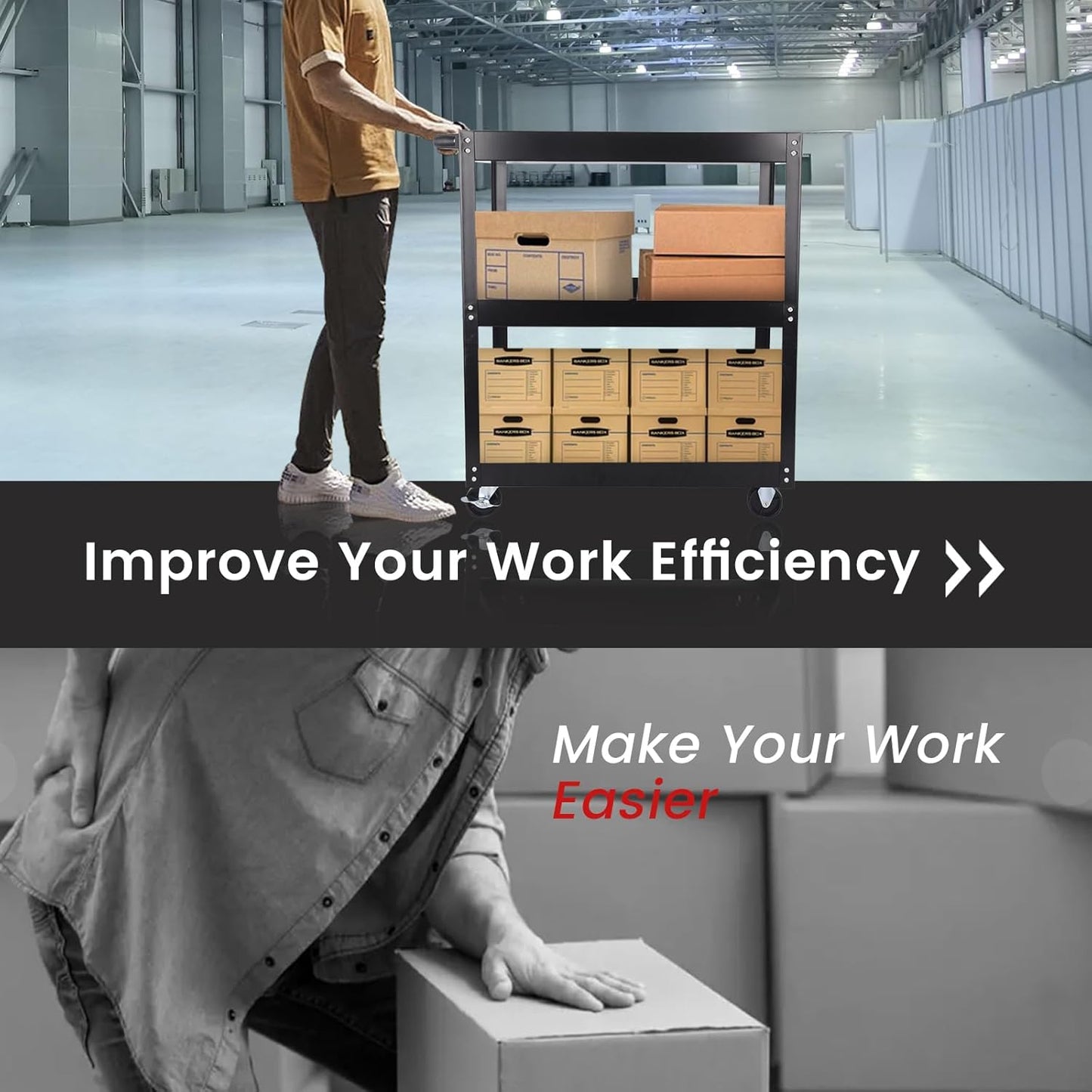 3-Tier Commercial Utility Cart, 3 Shelves Steel Service Tool Cart with Brake Wheels for Mechanics, 330lbs Heavy Duty Rolling Utility Carts Tub Storage Cart for Warehouse Office Garage, Black