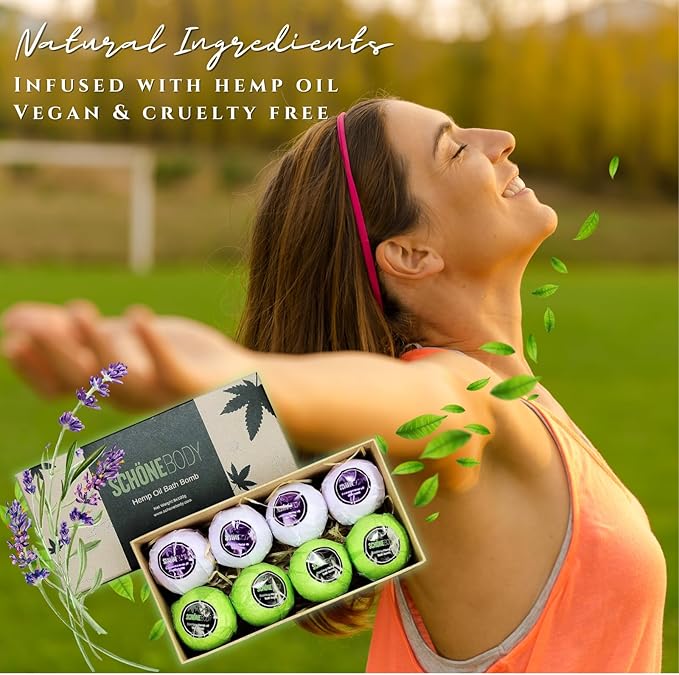 Hemp Bath Bombs, Large Set of 8. Mint, Lavender & Hemp Scents. Vegan, Muscle Therapy, Relaxing & Soothing