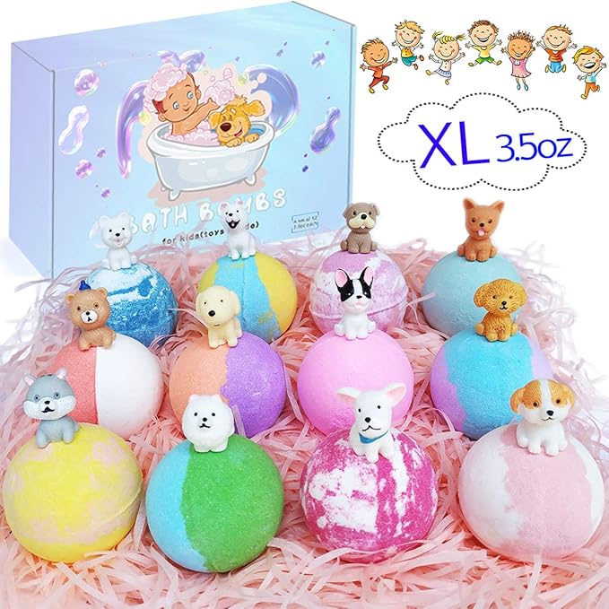 3.5 oz XL Bath Bombs for Kids with Puppy Toys Inside Kids Bath Bombs Organic Bubble Bath Fizzies Colorful Bomb 12 Pcs Set Birthday/Christmas Surprise Gift for Girls & Boys