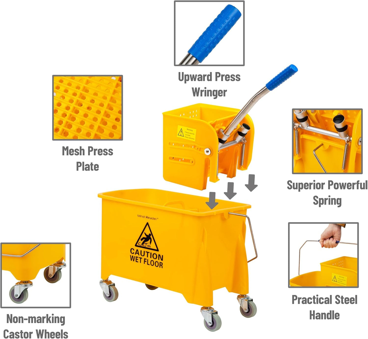 Mind Reader Mop Bucket with Wringer, 22 Qt (5.5 Gallon), Floor Cleaning, Handle, Wheels, 16.25"L x 10.75"W x 24.5"H, Yellow