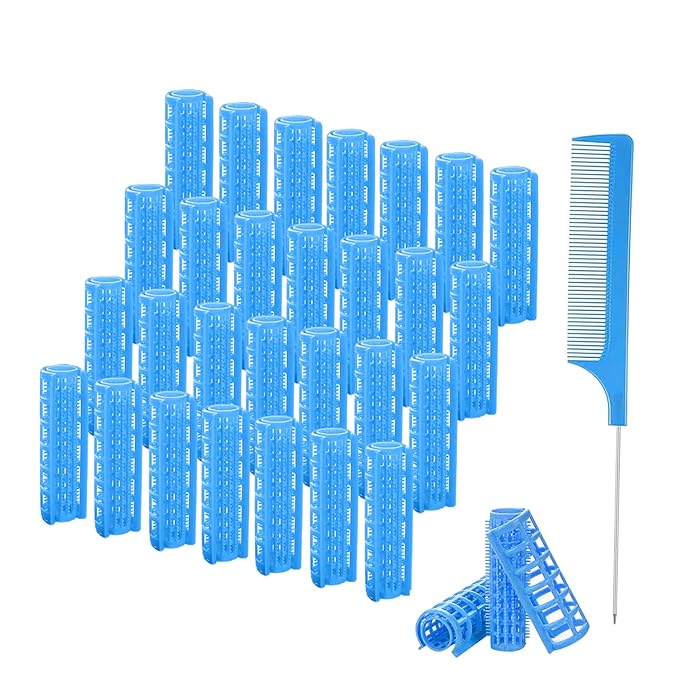 ZMD 28PCS Small Plastic Hair Curlers Rollers Set, 0.6In/1.5cm Snap on Rollers Self Grip Hair Curlers Heatless Rollers with Comb Hairdressing Curlers Tools for Short Thin Fine Hair (Blue)