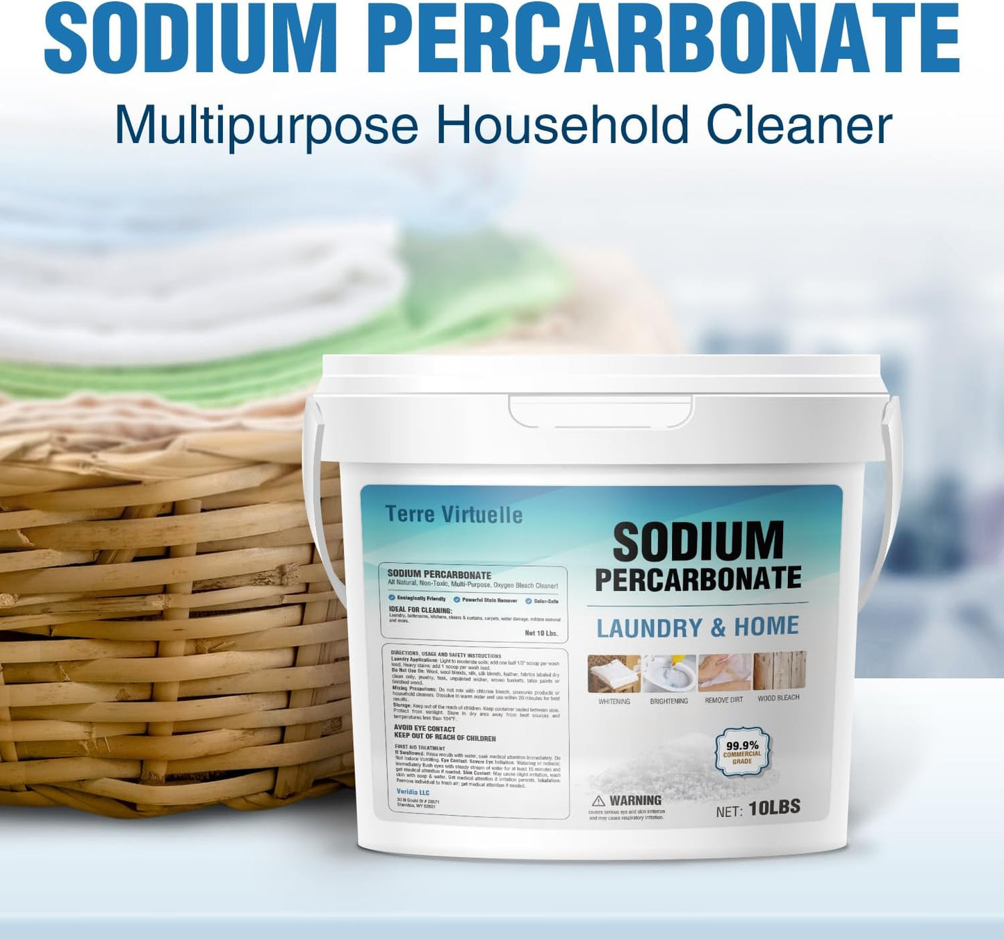 Sodium Percarbonate 10 lbs – Oxygen Bleach Powder & Laundry Booster – Multi-Purpose Cleaner for Stain Removal, Whitening, Deodorizing – Chlorine-Free