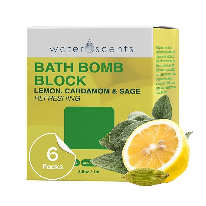 Water Scents Purity Bath Bomb Block | Vegan, Natural & Cruelty-Free | Aromatherapy Bath Soak with Lemon, Cardamom & Clary Sage | Moisturizing & Skin-Softening, Handmade in USA – 3.5 oz (6pks)