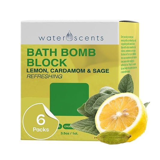 Water Scents Purity Bath Bomb Block | Vegan, Natural & Cruelty-Free | Aromatherapy Bath Soak with Lemon, Cardamom & Clary Sage | Moisturizing & Skin-Softening, Handmade in USA – 3.5 oz (6pks)