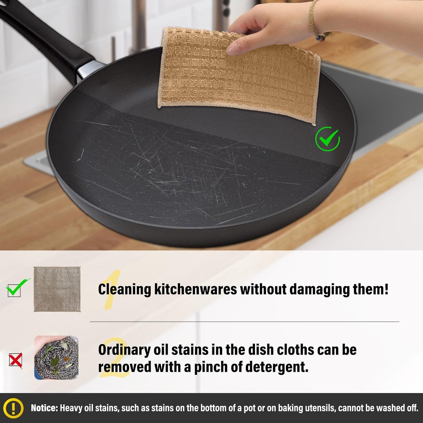 Dish Rags for Washing Dishes 8 Pack Multipurpose Wire Miracle Cleaning Coths Non-Scratch Wire Dishwashing Rag Lint Free Microfiber Cleaning Cloth for Kitchen Windows (Khaki)