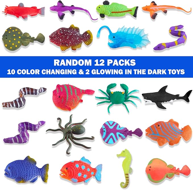 Color Changing No Hole Bath Toys for Toddlers Kids, Color Change Sea Creatures Ocean Animal Toys & Glow in The Dark Toy with Bath Book(13 Pack), Water Table Toys Rubber Fish Toys for Kids Bathtub