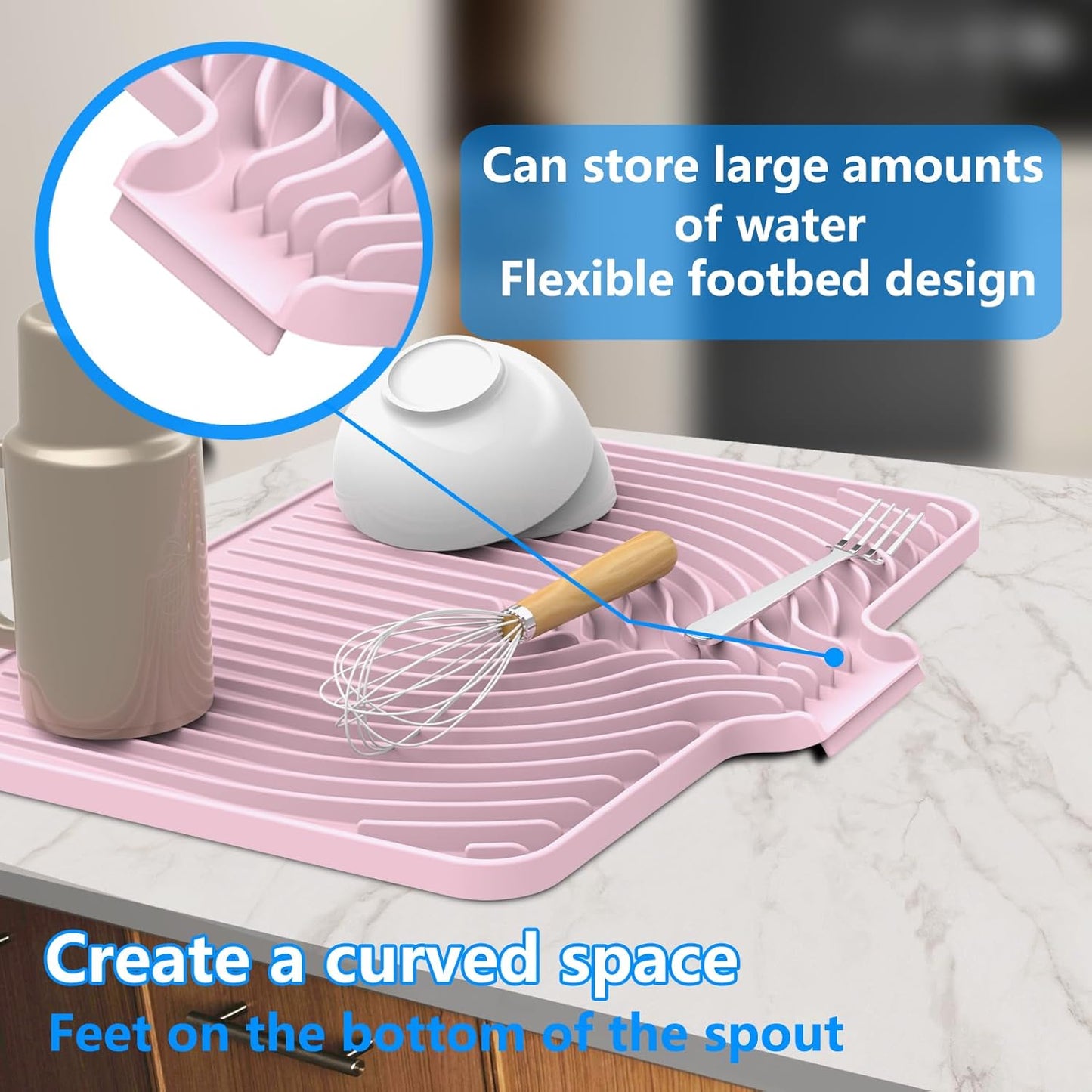 Dish Drying Matt for Kitchen Counter,18"×12"Silicone Dry Rack Mat with Built in Drain, Kitchen Dry Mats for Dishes Drying Pad for Counter(18"×12"Pink)