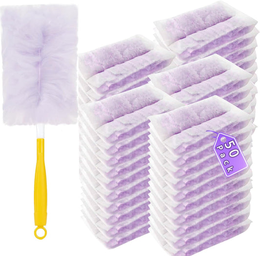 Duster Refills Compatible with Swiffer Duster, Heavy Duty Multi Surface Duster Replacement with 1 Extra Handle for Cleaning Furniture, Blinds, Ceiling Fans and Car (Purple-50Pack)