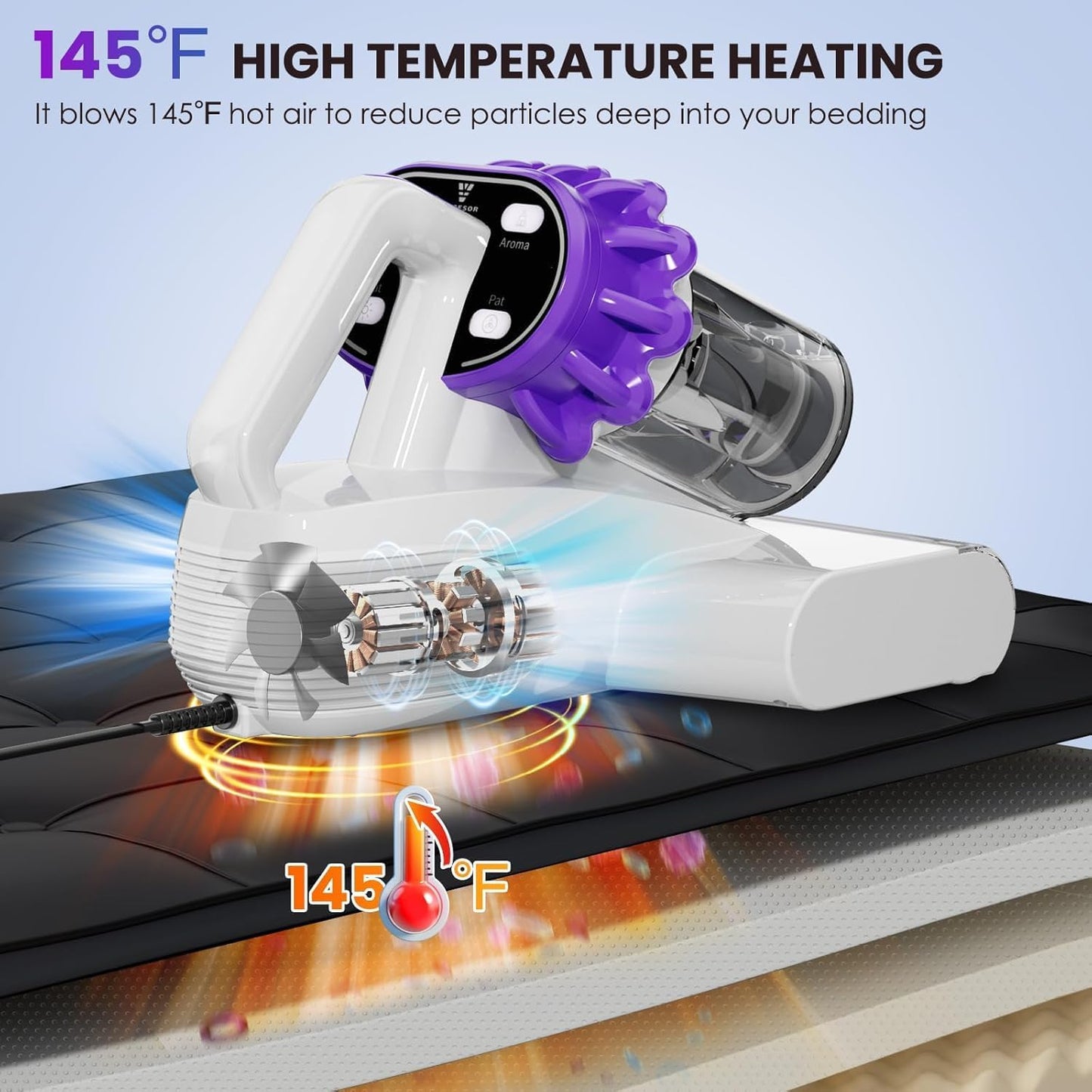 Mattress Vacuum Cleaner, 16Kpa Bed Vacuum Cleaner with 253.7nm UV-C Light, 145°F Heat, HEPA Filter & Ultrasonic, Versatile Handheld Vacuums for Bed, Sofa, Couch, Crib(Corded, 600W)
