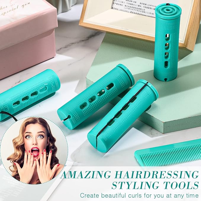24 Pieces Hair Perm Rods Plastic Cold Wave Perming Curlers Hair Rollers with Steel Pintail Comb Rat Tail Comb Tools for Hairdressing Styling(Green,0.98 Inches)