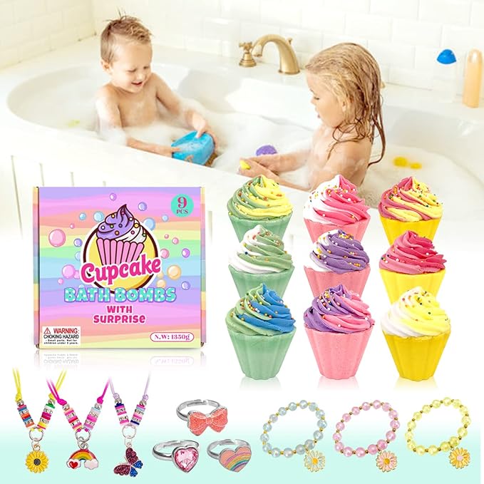 9 Pack Cupcake Bath Bombs for Kids with Surprise Inside, Kids Bath Salts with Jewelry Inside for Princess Girls, Super Large Kids Bath Balls for Children…