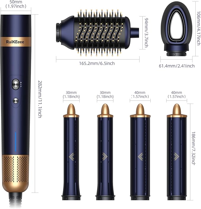 Hair Dryer Brush 6 in 1 Professional Hot Air Styler, Hair Curler Set for Curling, Fast Drying, Smoothing, Volumizing, Multi Hair Styling Tools with Travel Case - No Heat Damage - Prussian Blue