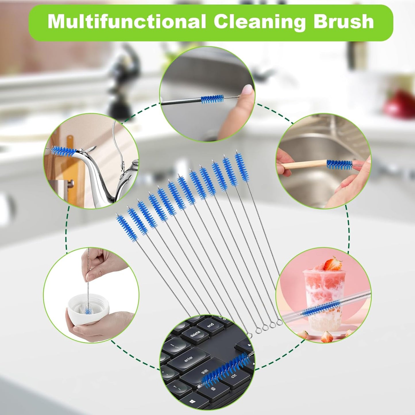 Straw Cleaner Brush for Stanley, 12 Inch Extra Long Straw Brush Cleaner (8-Pack) Includes 2 Reusable Glass Straws for 40 oz Tumbler and Water Bottle, Durable & Rust Resistant