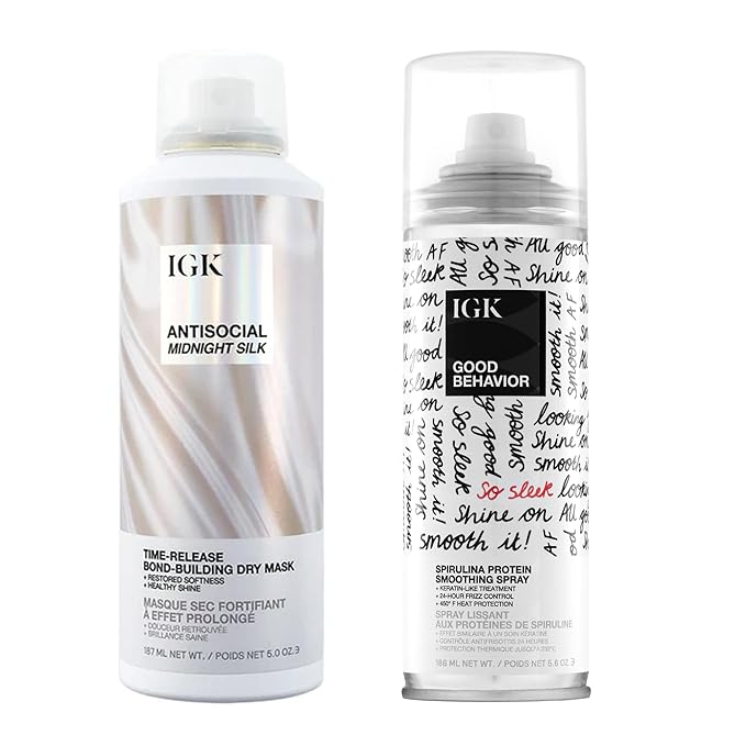 IGK Hair Treatment Full Size Set | Antisocial Dry Hair Mask + Good Behavior Spirulina Spray | Overnight Bond-Building + Keratin Like Smoothing Spray | Set of 2 - New and Improved Scent