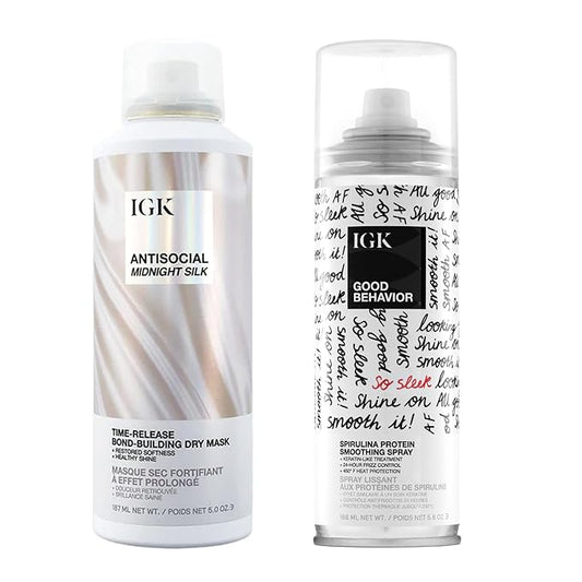 IGK Hair Treatment Full Size Set | Antisocial Dry Hair Mask + Good Behavior Spirulina Spray | Overnight Bond-Building + Keratin Like Smoothing Spray | Set of 2 - New and Improved Scent