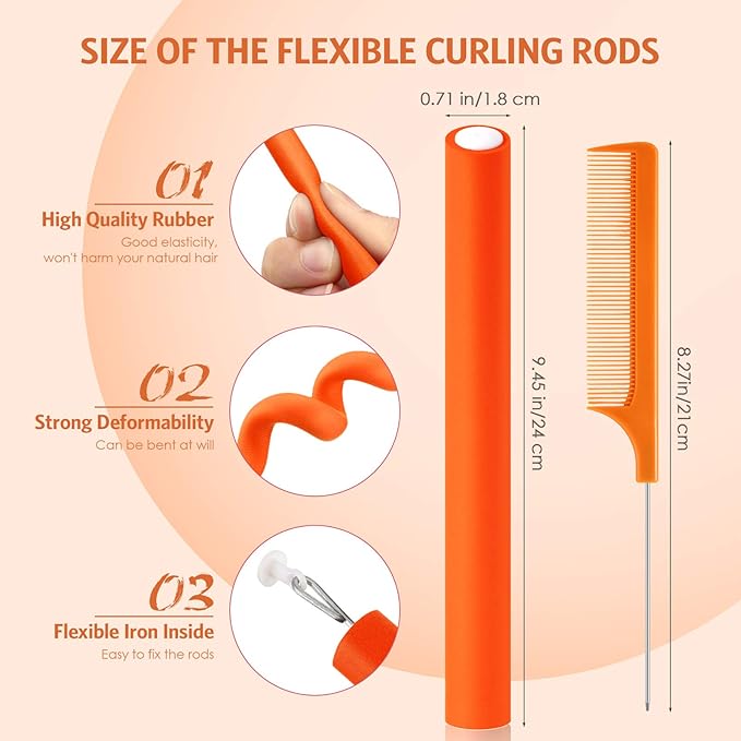Syhood 30 Pcs Flexible Curling Rods 9.45 Twist Foam Rollers Soft Foam No Heat Hair Rods Rollers and 1 Steel Pintail Comb Rat Tail Comb for Women Long Short Hair(Orange,9.45 x 0.71 Inch)