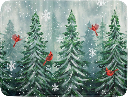 Welcome Winter Pines Tree Dish Drying Mat, Winter Snowflake Dish Drying Mat for Kitchen Counter, Red Birds Absorbent Fast Dry Dish Drainer Mat Protector Xmas Microfiber Dish Drying Pad 16"x18"