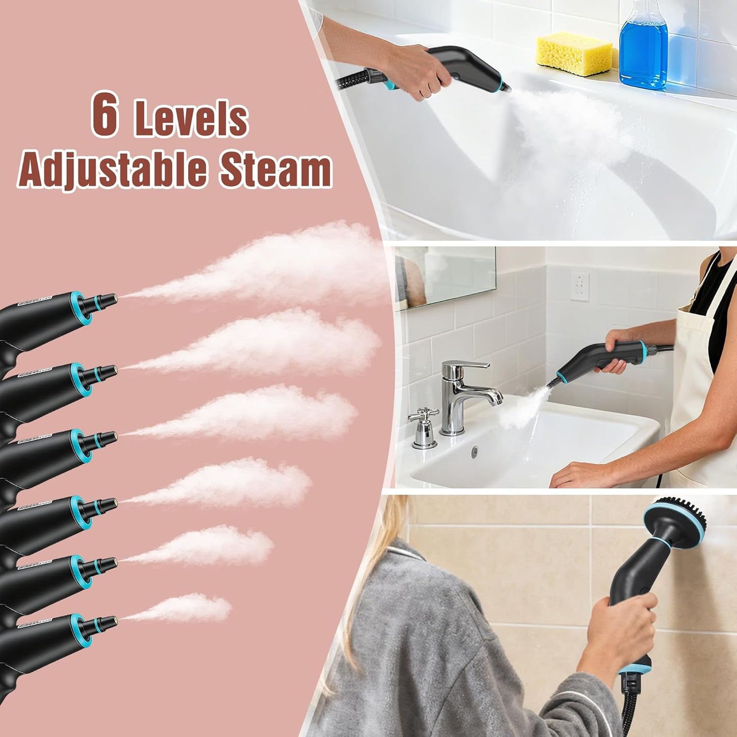 Steam Cleaner, 4 Bar High Pressure Steamer with 6-Level Adjustable, 15s Heat-Up, 42.7oz Large Tank, 7ft Extended Hose, 18 pcs Accessories, Portable Steam Cleaner for Home, Car, Tile, Grout, Grease