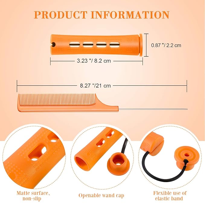 24 Pieces Hair Perm Rods Plastic Cold Wave Perming Curlers Hair Rollers with Steel Pintail Comb Rat Tail Comb Tools for Hairdressing Styling(Orange,0.87inches)