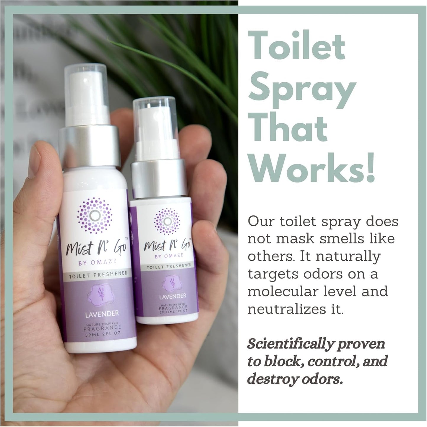 Mist N' Go by Omaze Travel Toilet Spray - Odor Eliminator & Air Freshener - Lavender Daily Pack (3oz x2)