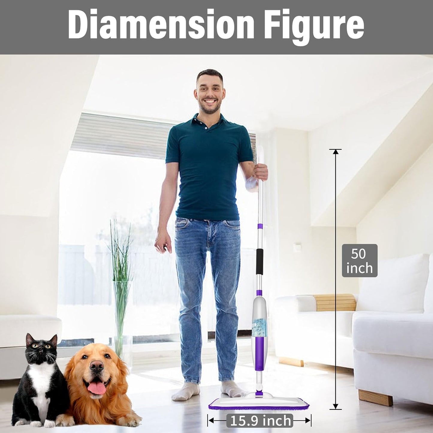 Spray Mops for Floor Cleaning Floor Mop with a Refillable Spray Bottle and 3 Washable Microfiber Pads Home or Commercial Use Dry Wet Flat Mop for Hardwood Laminate Wood (Purple)