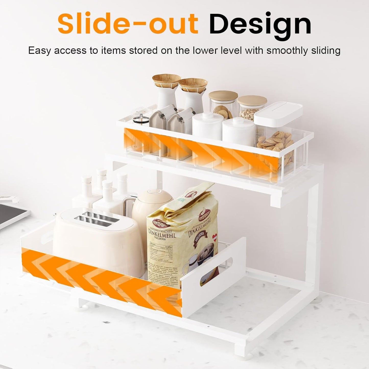 Under Sink Organizer Storage 2-Tier Heavy Duty Metal Pull Out Cabinet Organizer Slide Out Sink Shelf Organizer Height Adjustable, Multi-Purpose Storage Shelf for Kitchen Bathroom (White, 1 Pack)