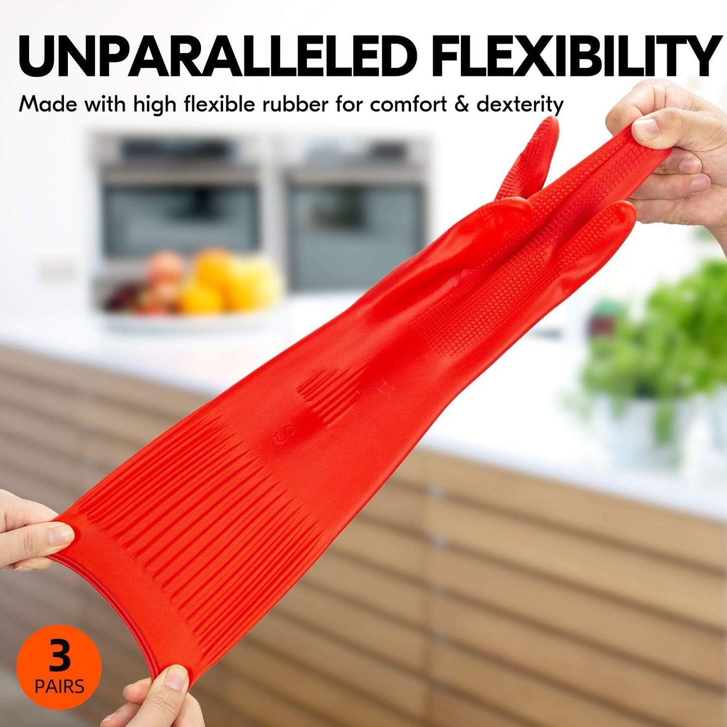 Vgo... 3-Pairs Dishwashing Gloves, Reusable Household Gloves, Long Sleeve, Thick Latex, Cleaning, Washing, Working, Painting, Gardening, Pet Care (Size S, Red, RB2143)