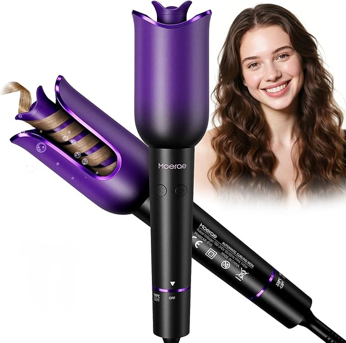 Automatic Curling Iron, Auto Hair Curler with 1" Rotating Curling Iron Barrel & 3 Temps, Anti-Scald & Anti-Tangle Hair Curler Wand, Fast Heating Auto Curler, Purple Black
