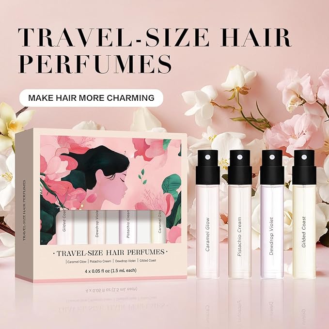 Travel Size Hair Perfume Spray Set for Women, 4 x 0.05 Fl Oz Long Lasting Fresh Scent, Mini Deodorizing Hair Mist, Portable Fragrance Gift Set