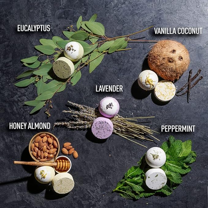 Essential Oil Shower Steamers and Bath Bombs Set - Lavender, Peppermint, Vanilla Coconut, Eucalyptus, Honey Almond Scented Aromatherapy Vaporizing Tablets, Relaxation Gifts for Women, 11pc