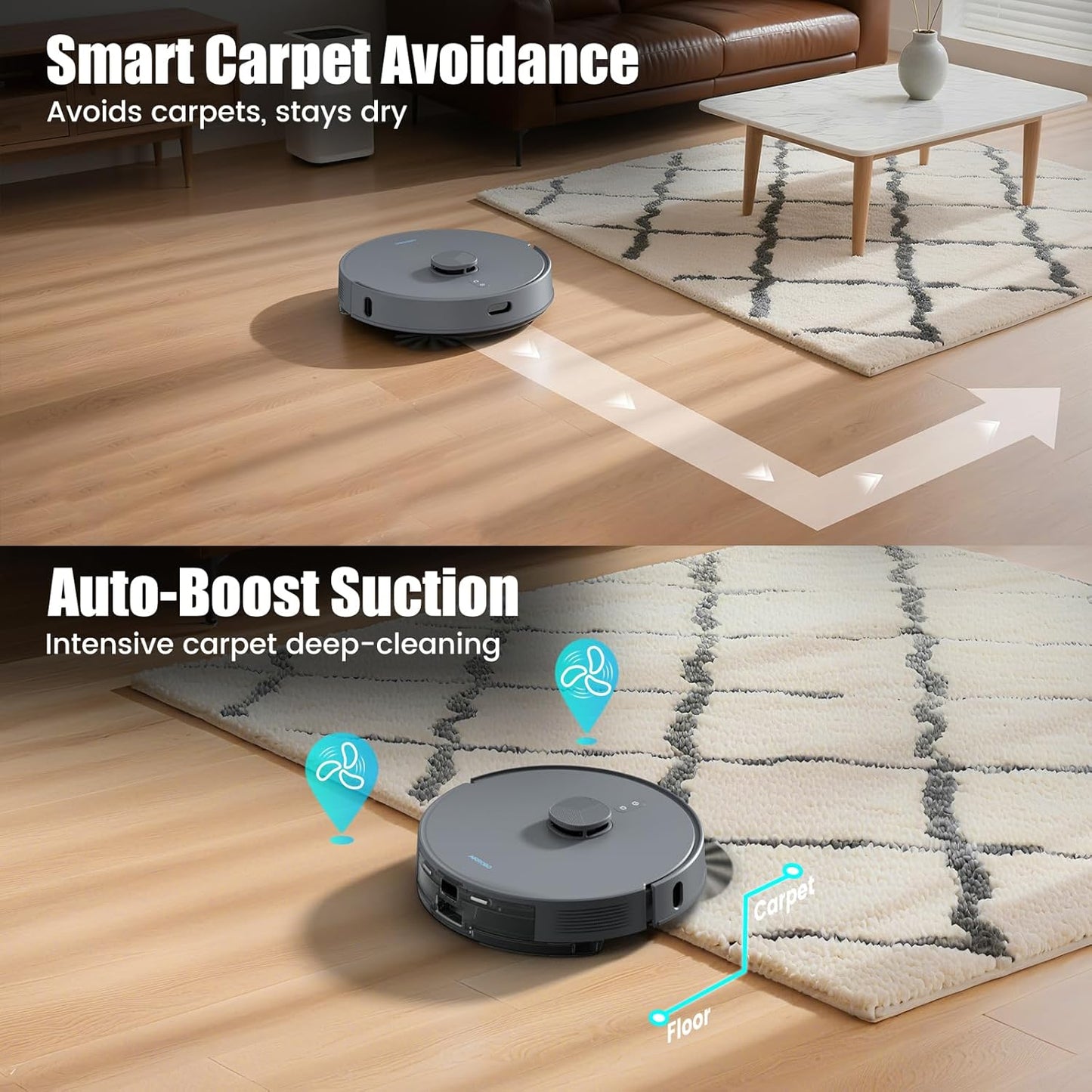 AIRROBO T25+ Robot Vacuum and Mop Combo, 5500Pa Suction, Pet Area Smart Boost, Carpet Detection, Tangle-Free Brush, LDS Mapping, APP Control, 3.5L Self-Empty Bin for Hard Floors, Carpets, Pet Hair