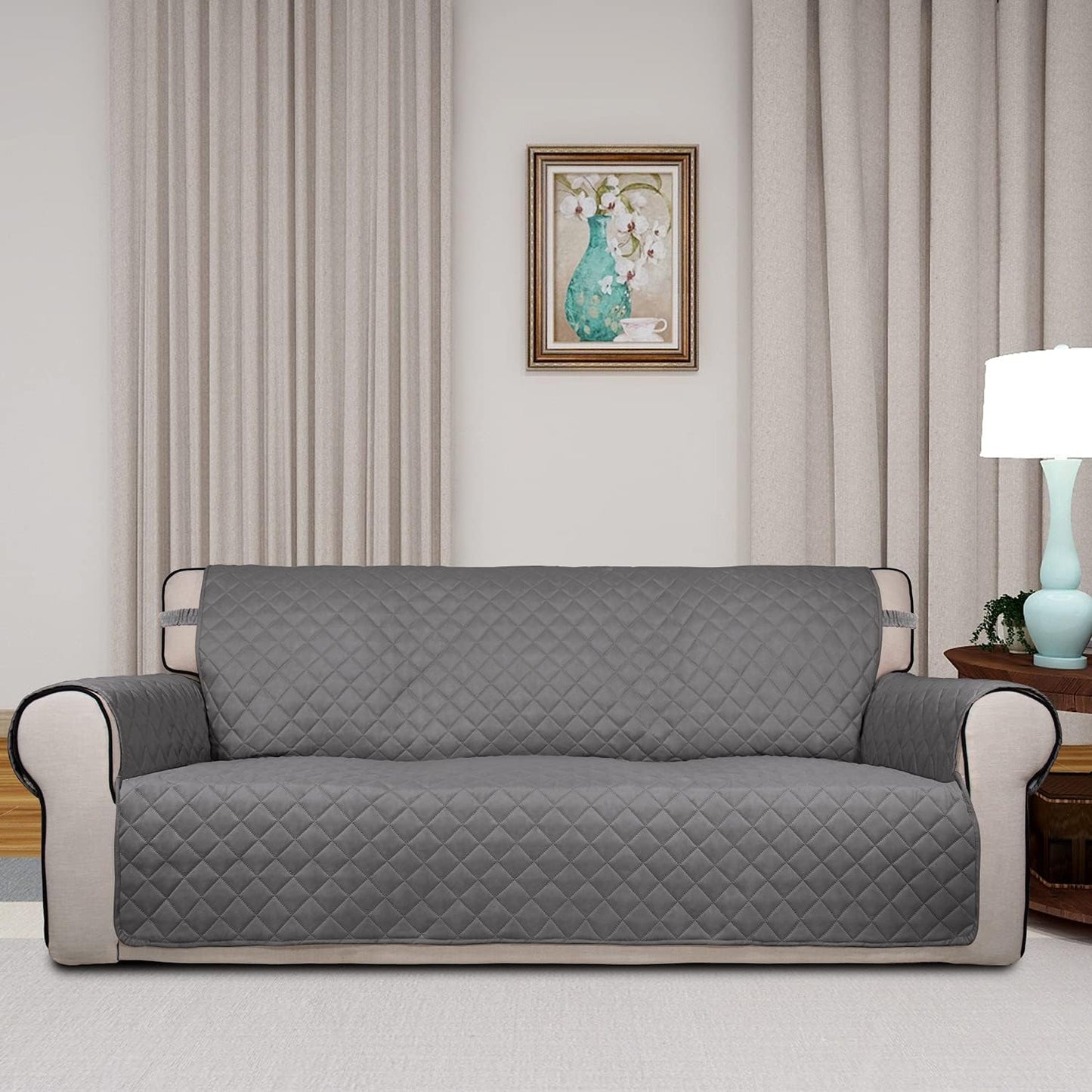 PureFit Reversible Quilted Sofa Cover, Water Resistant Slipcover Furniture Protector, Washable Couch Cover with Non Slip and Elastic Straps for Kids, Dogs, Pets (Sofa, Gray/Gray)