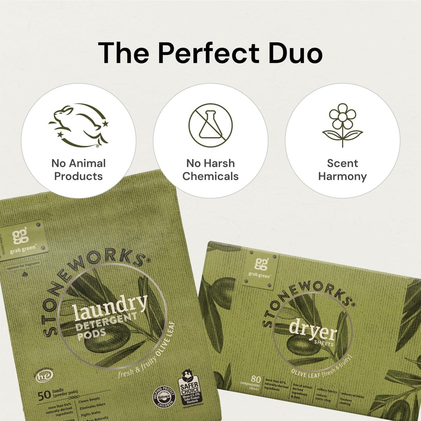 Grab Green Stoneworks Laundry Detergent Pods and Dryer Sheet Bundle (Rose Petal, 80 Count (Pack of 1)