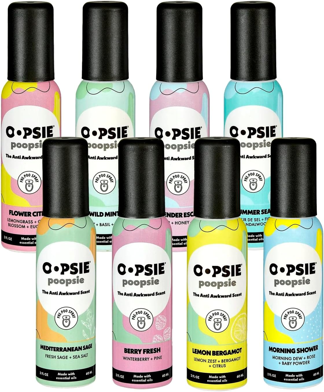 Oopsie Poopsie Pre-Poo toilet spray, discreet & portable original odor deodorizer scents. Pocket-friendly pre-poo spray to use on the go 2oz 8-bottle variety pack for 8-distinct aroma experience