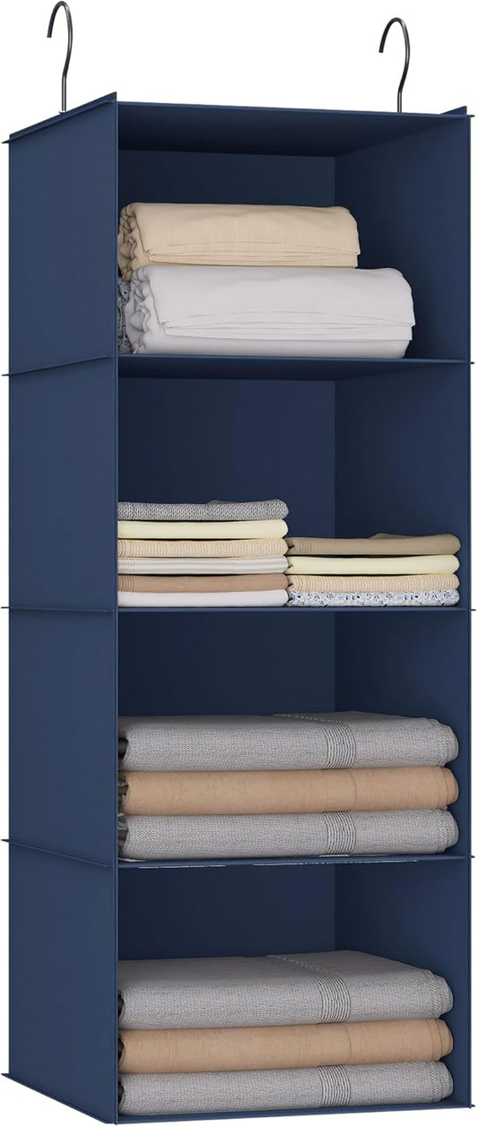 Hanging Closet Organizer - 4-Shelf, Easy Mount Foldable Wardrobe Storage Shelves for Clothes, Handbags, Shoes & Accessories - Washable Oxford Cloth Fabric, Navy Blue
