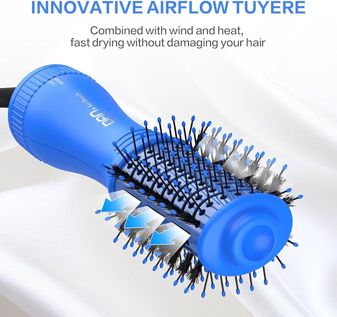 Dan Technology Blow Dryer Brush Hair Dryer Brush Hot Air Blowout Brush 120V 3 Speeds Oval Shape Volumizer Straightener Brush Faster Drying Mini Size Lightweight (Blue)