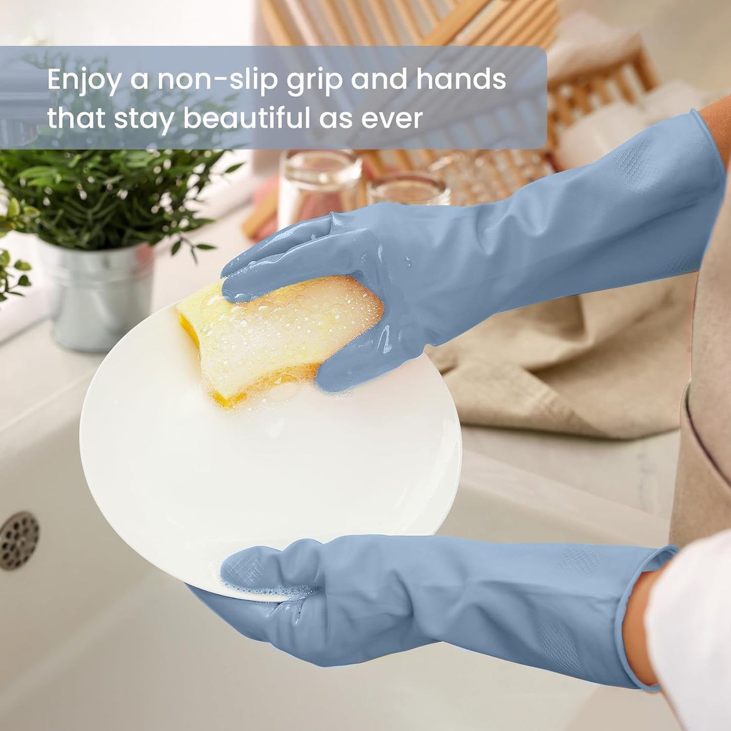 Rubber Cleaning Gloves for Dishwashing, 4 Pairs Reusable Kitchen Gloves for Washing Dishes and Household Cleaning, Blue Dish Gloves with Flocked Lining and Non-Slip Grip, Pefect for Woman Men - S