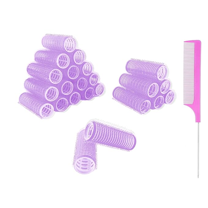 Hair Roller, 24PCS Self Grip Small Hair Curlers Set Nylon, Purple, Pro Salon Hairdressing Curler DIY Curly Hairstyle Hair Rollers Tools Rat Tail Comb for Women Medium Short Hair