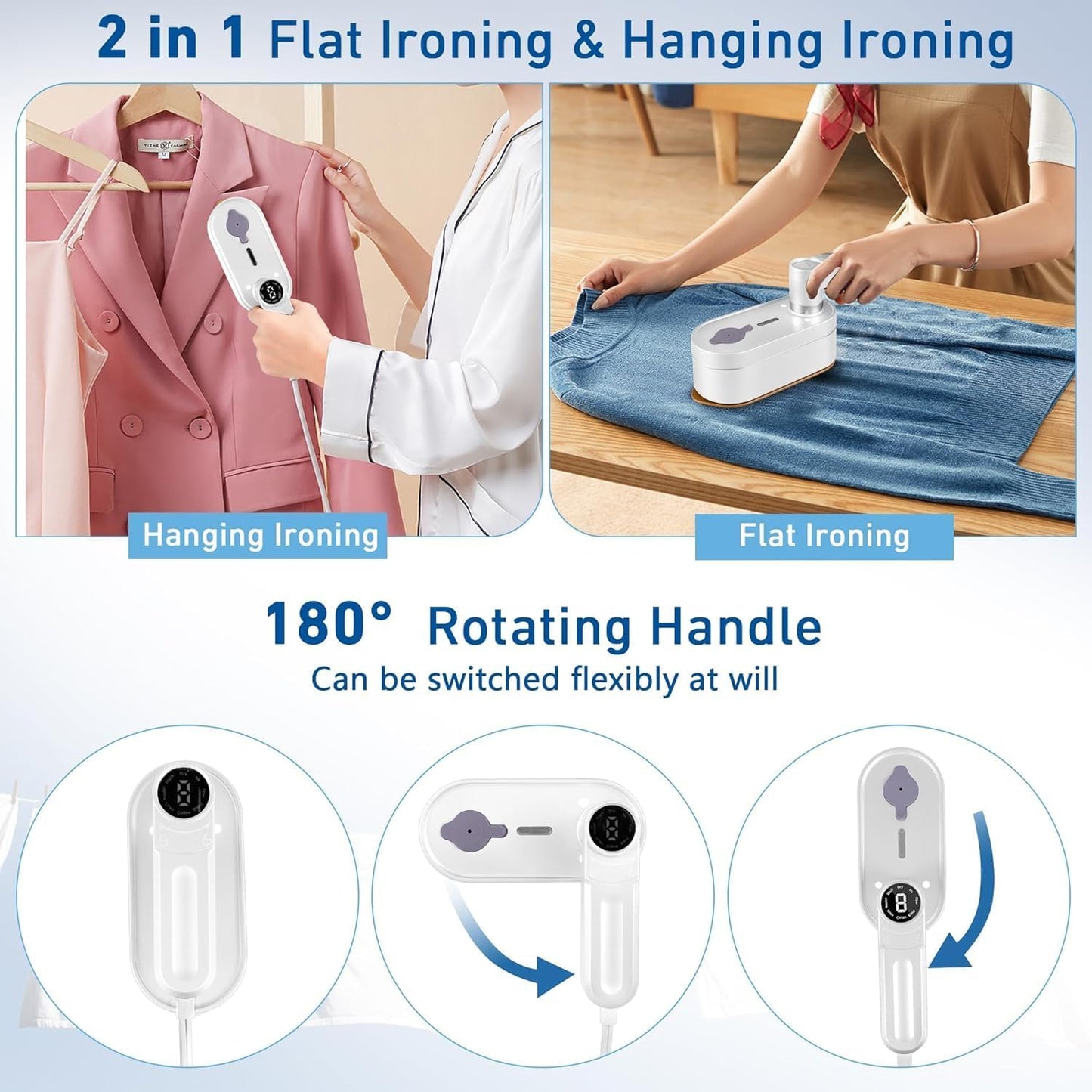 Travel Steamer for Clothes Portable Mini, 8 Steam & Iron Modes Iron Steamer, 2 in 1 Portable Steamer Support Dry&Wet Ironing, 15S Heating, 180° Rotatable Travel Steam Iron