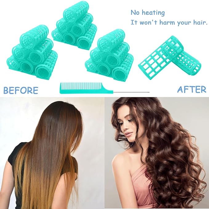 24PCS Plastic Hair Rollers Set 2.0cm/0.8in Heatless Rollers Hair Curlers Snap on Rollers Self Grip Rollers Hairdressing Curlers Tools for DIY Hairdressing Hair Salon (Green)