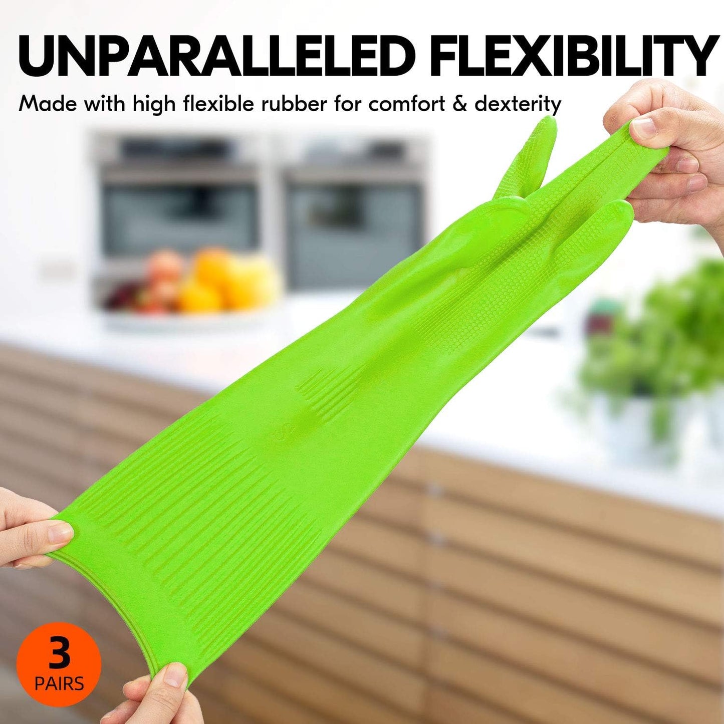 Vgo... 3-Pairs Dishwashing Gloves - Reusable Household, Kitchen, Long Sleeve, Thick Latex, Cleaning, Washing, Working, Painting, Gardening, Pet Care (Size L, Green, RB2143)