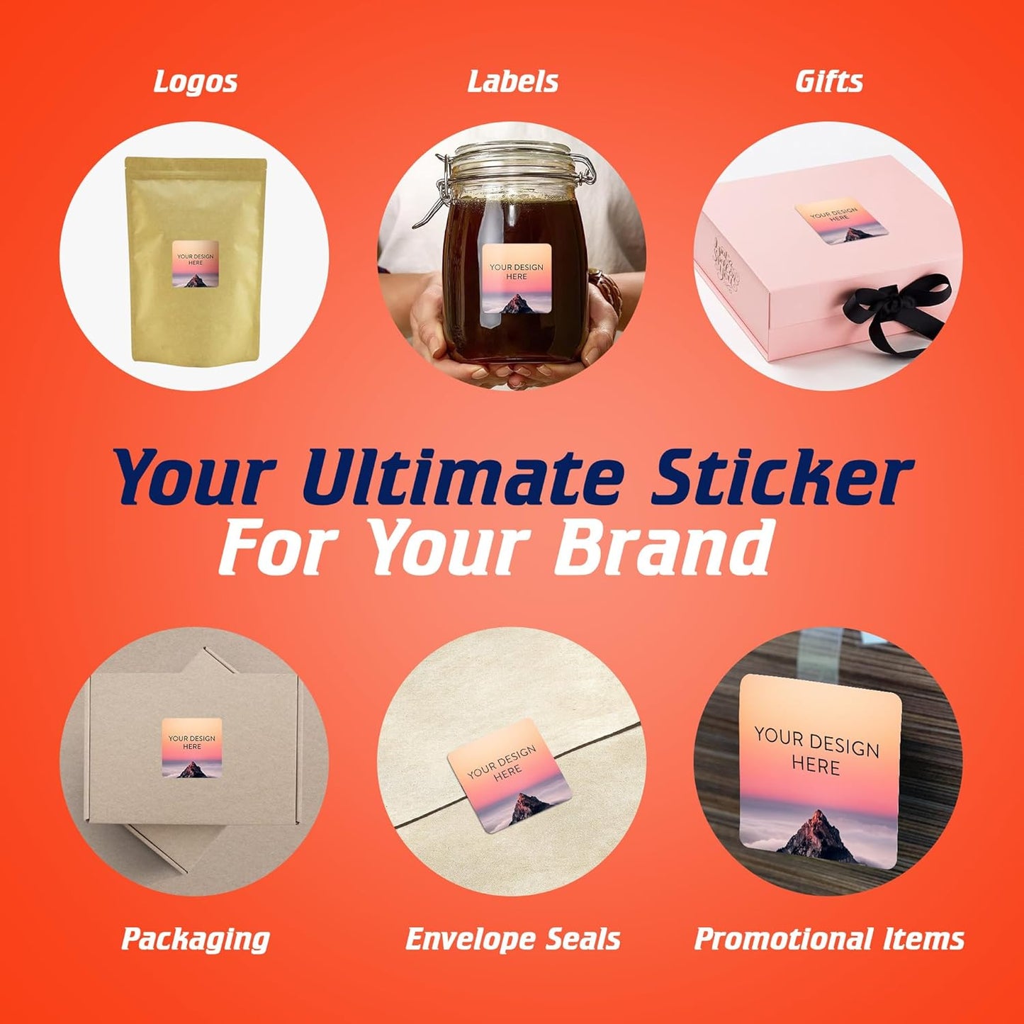 100 Custom Vinyl Stickers - Upload Your own Image, Text, Design, Logo - Personalized Logo Labels for Handmade, Packaging, Bottle, Jars, Candle, Brand Stickers (Mountain, 3x3 Square)