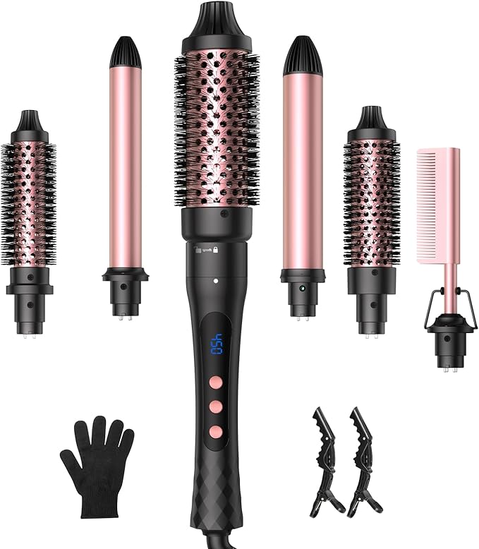 6 in 1 Curling Iron,Curling Wand Set and Thermal Brush Hair Tool
