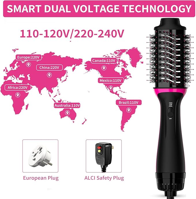 Dual Voltage Hair Dryer Brush for European Travel, Plus 2.0 Blow Dryer Brush with European Plug 110V-120V/220V-240V One Step Hair Dryer and Styler Volumizer with Negative Ion Anti-frizz Styling