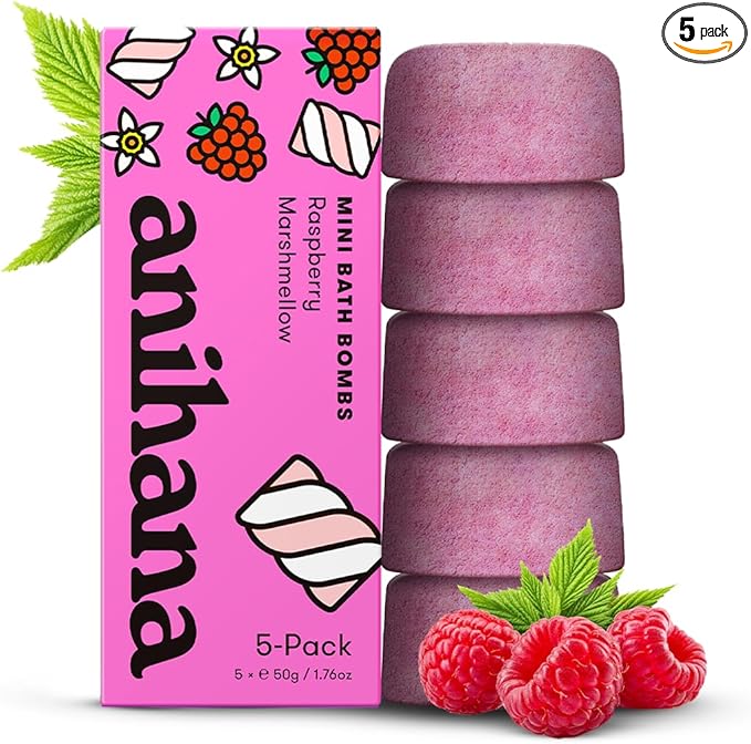 ANIHANA Mini Bath Bombs with Coconut Oil, Paraben Free, Hand-Crafted Luxury Fizzers, Refreshing Raspberry Marshmellow Scent, 1.76 oz Each, 5 Pack
